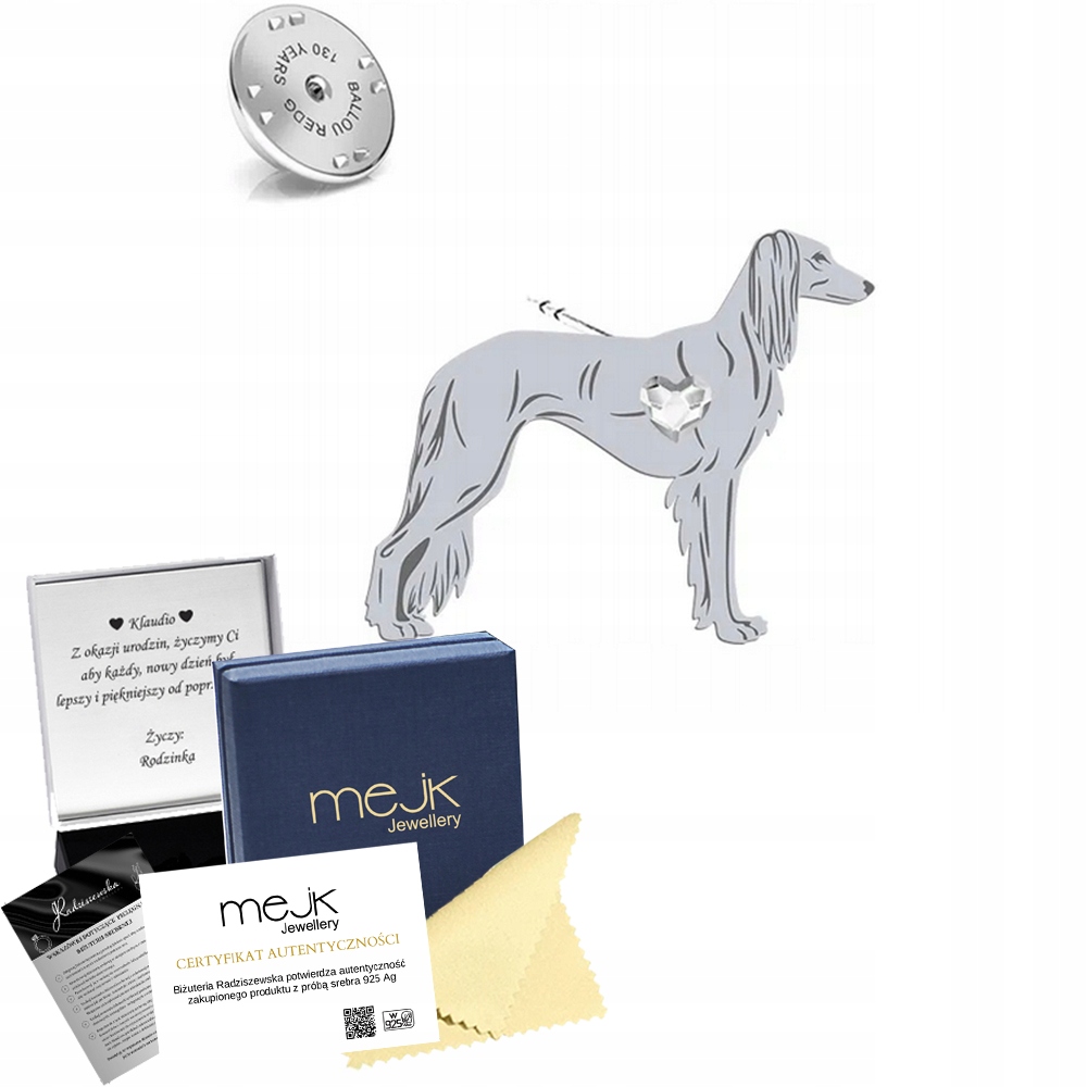 Odznak Stříbrná Perský chrt Saluki 925 Dárek Žena Dedikace Bonus