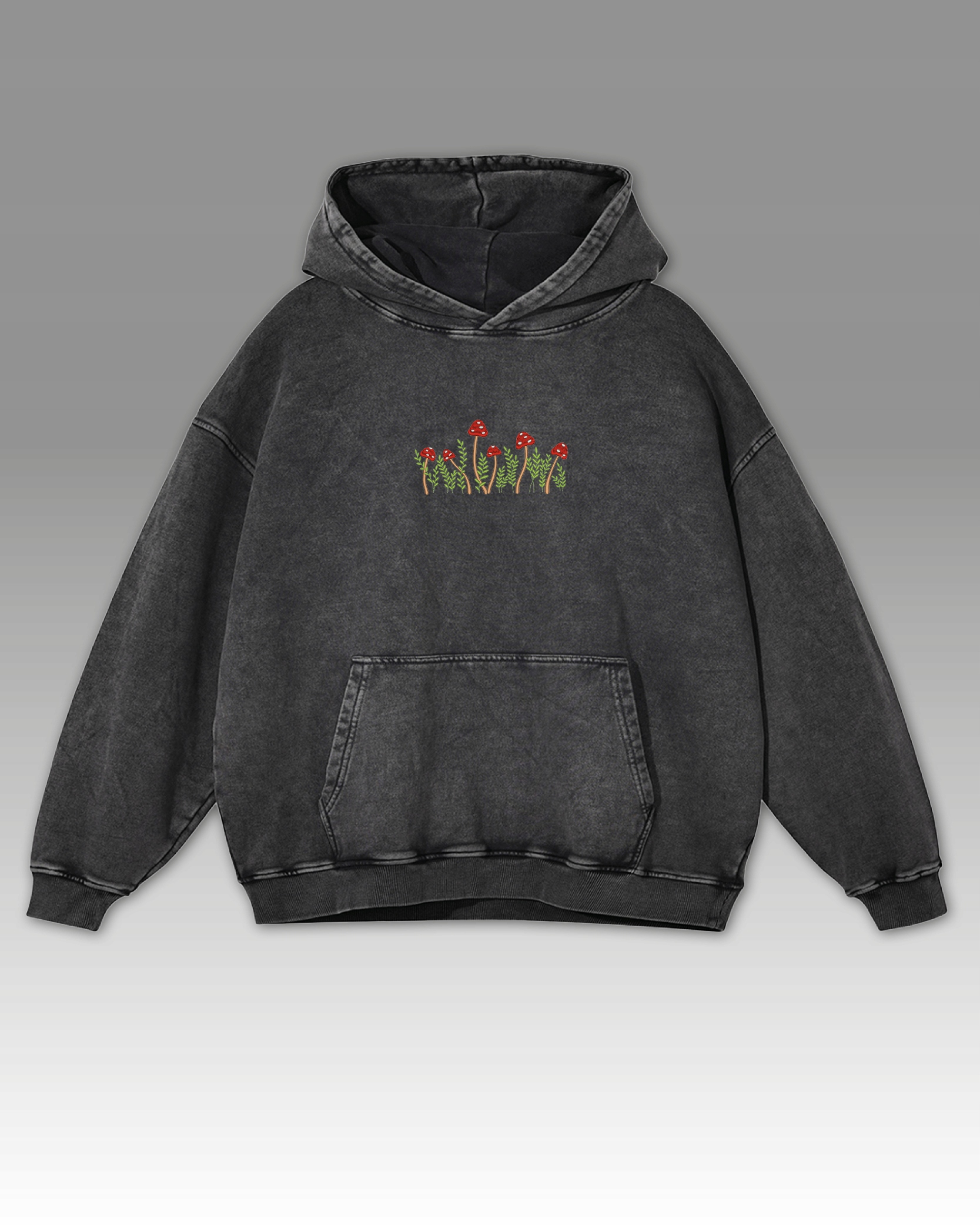 Nadměrná mikina s vyšívaným motivem hub, sepraná Mikina , přírodní motiv Grafit , velikost L