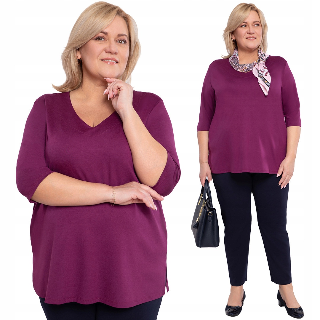 Gładka fioletowa bluzka z dekoltem V 48/50