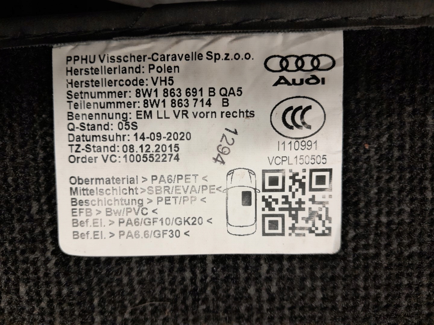 AUDI A4 B9 mats WELUROWE KOMPLET 8W1863691B