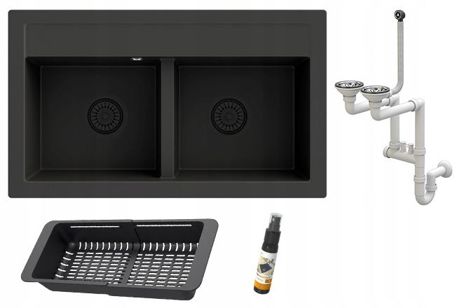 Čierny granitový drez Dvojkomorový s odkvapkávačom Duet, sifón chrom
