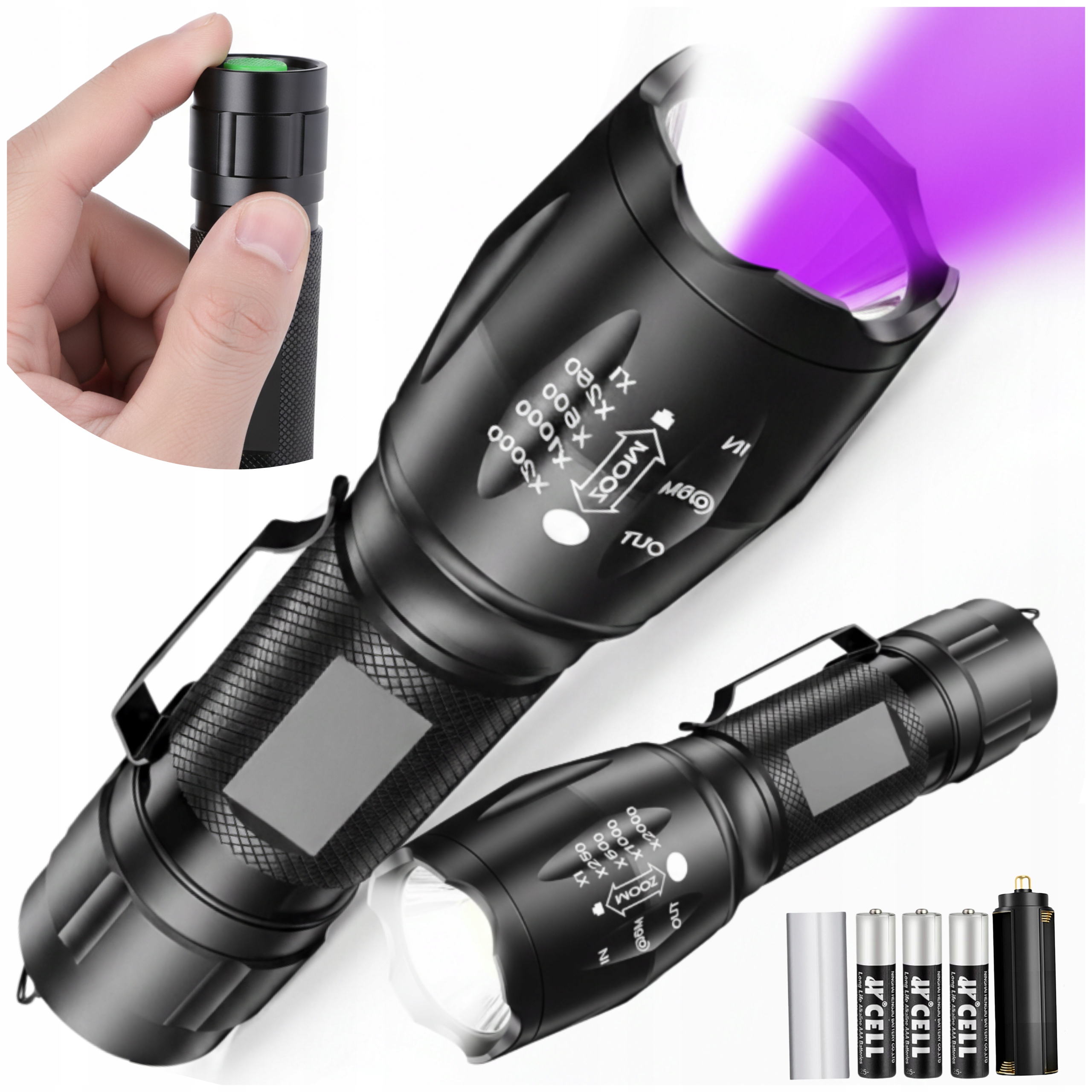 Turistická Led svítilna 3v1 Uv Zoom Silná lehká taktická svítilna 500lm 5W IPX4