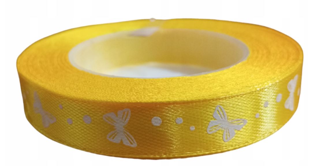 Wstążka satynowa w Motylki taśma Motyle wiosna tasiemki C. Żółty 1,2cm x20y
