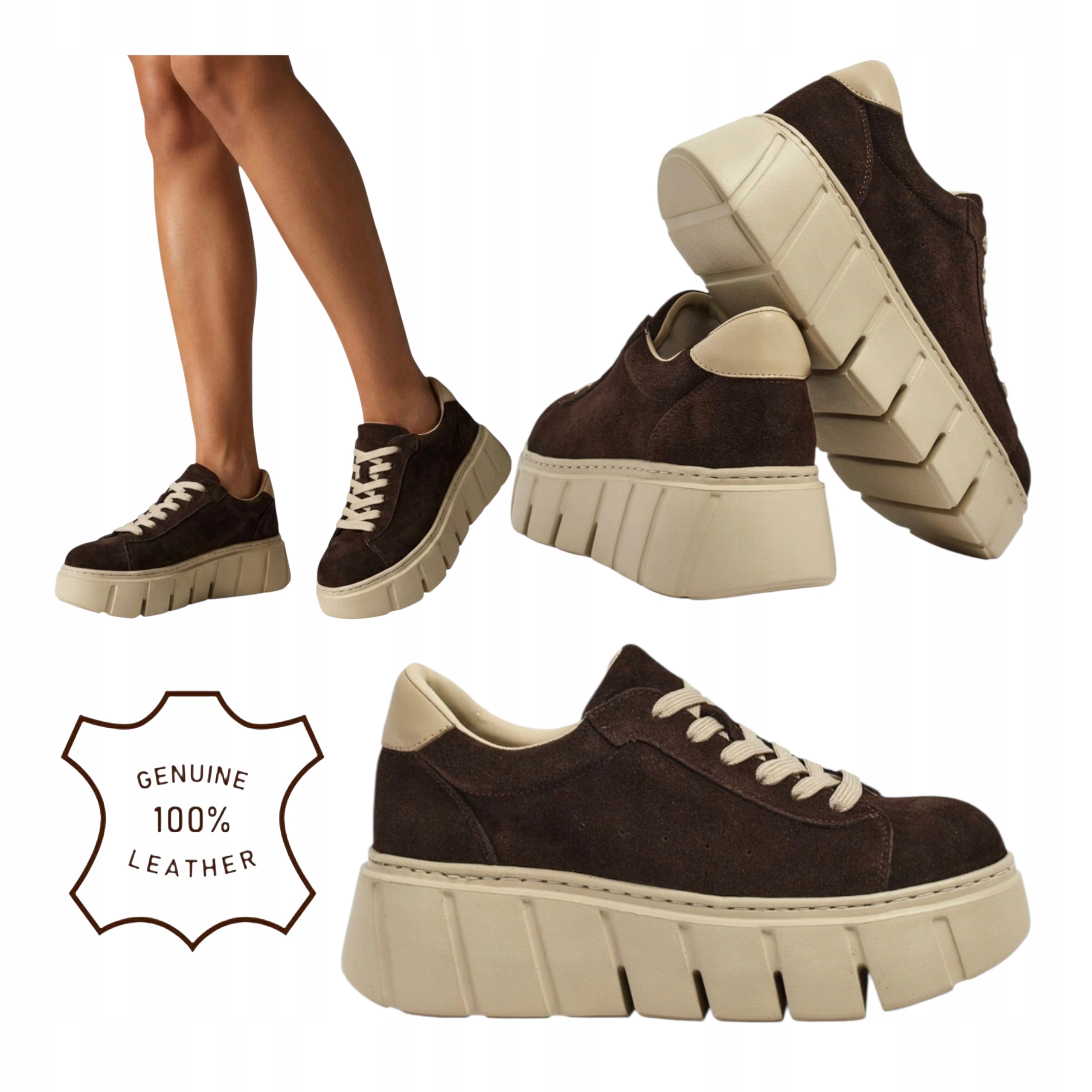 Dámské tenisky na platformě Polobotky Kožené Pohodlné Čokoládové 36