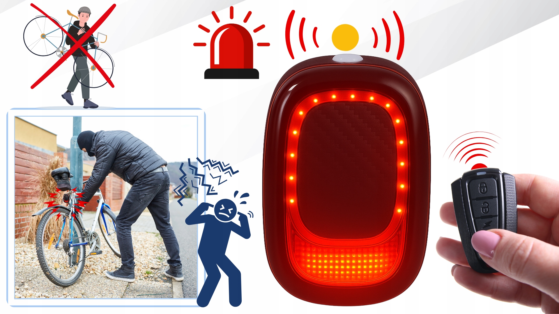 ZADNÉ SVETLO NA BICYKEL S ALARMOM, BRZDOVÝM SVETLOM A HLASNÝM ZVONČEKOM, NABÍJATEĽNÉ, 4 REŽIMY Hlasitosť alarmu 115 dB