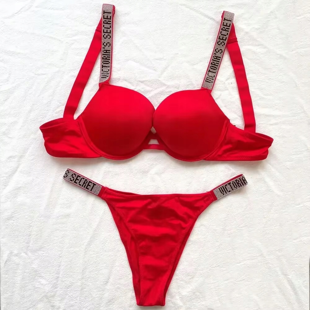 Komplet bielizny Victoria's Secret 75B M push up Czerwony -Gładki