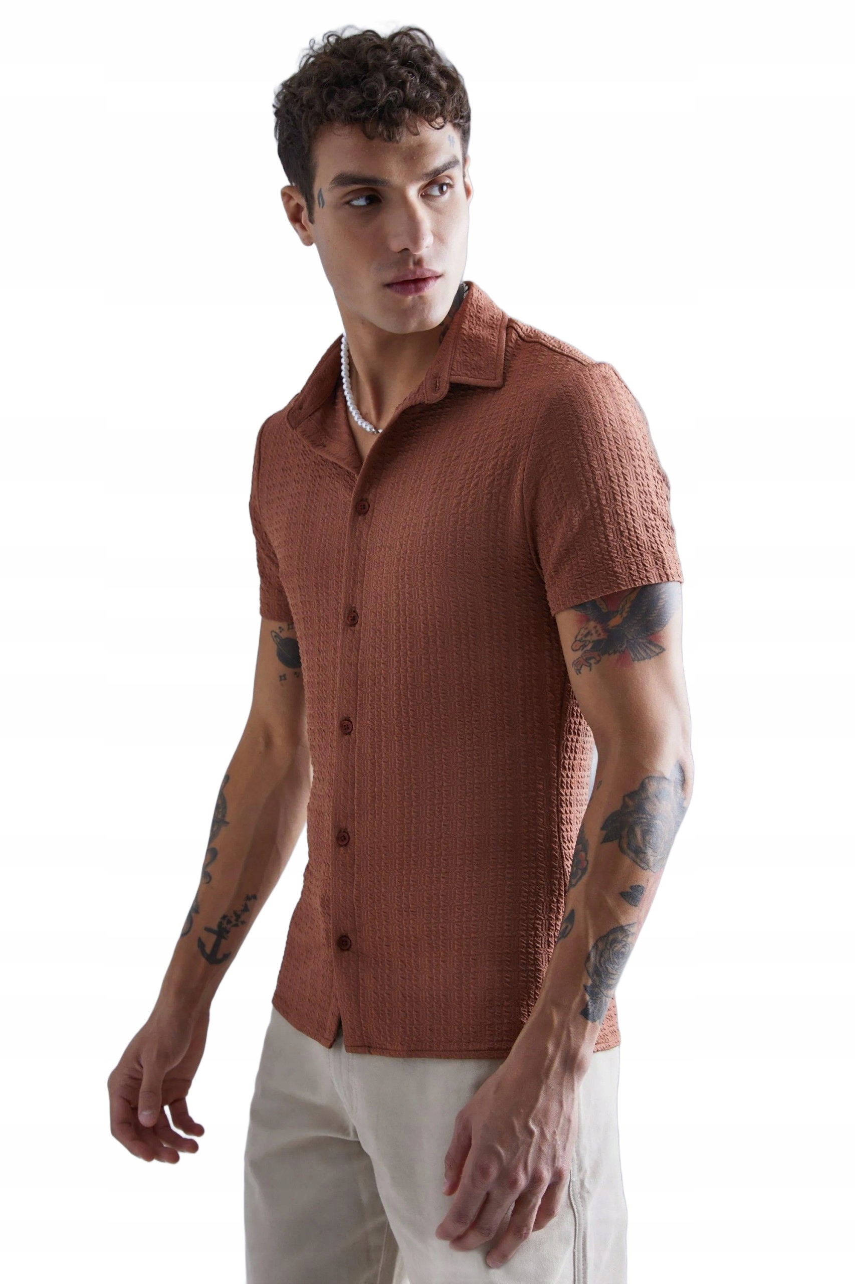 Boohooman Pánská Košile Casual S Krátkým Rukávem, Hnědá S Texturou Xs Z3A