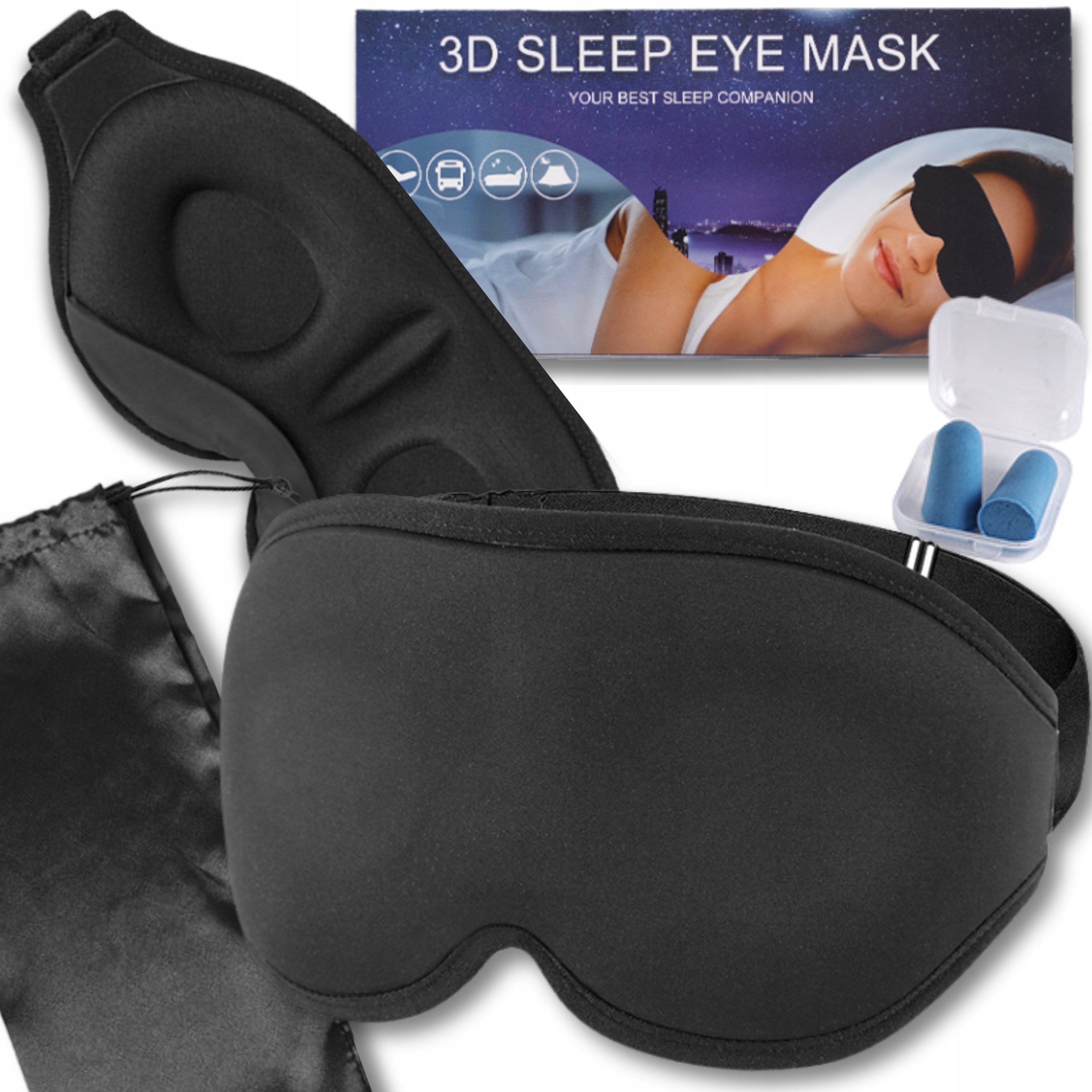 OPASKA MASKA NA OCZY 3w1 DO SPANIA SPOKOJNY SEN + 2 STOPERY ZATYCZKI ETUI