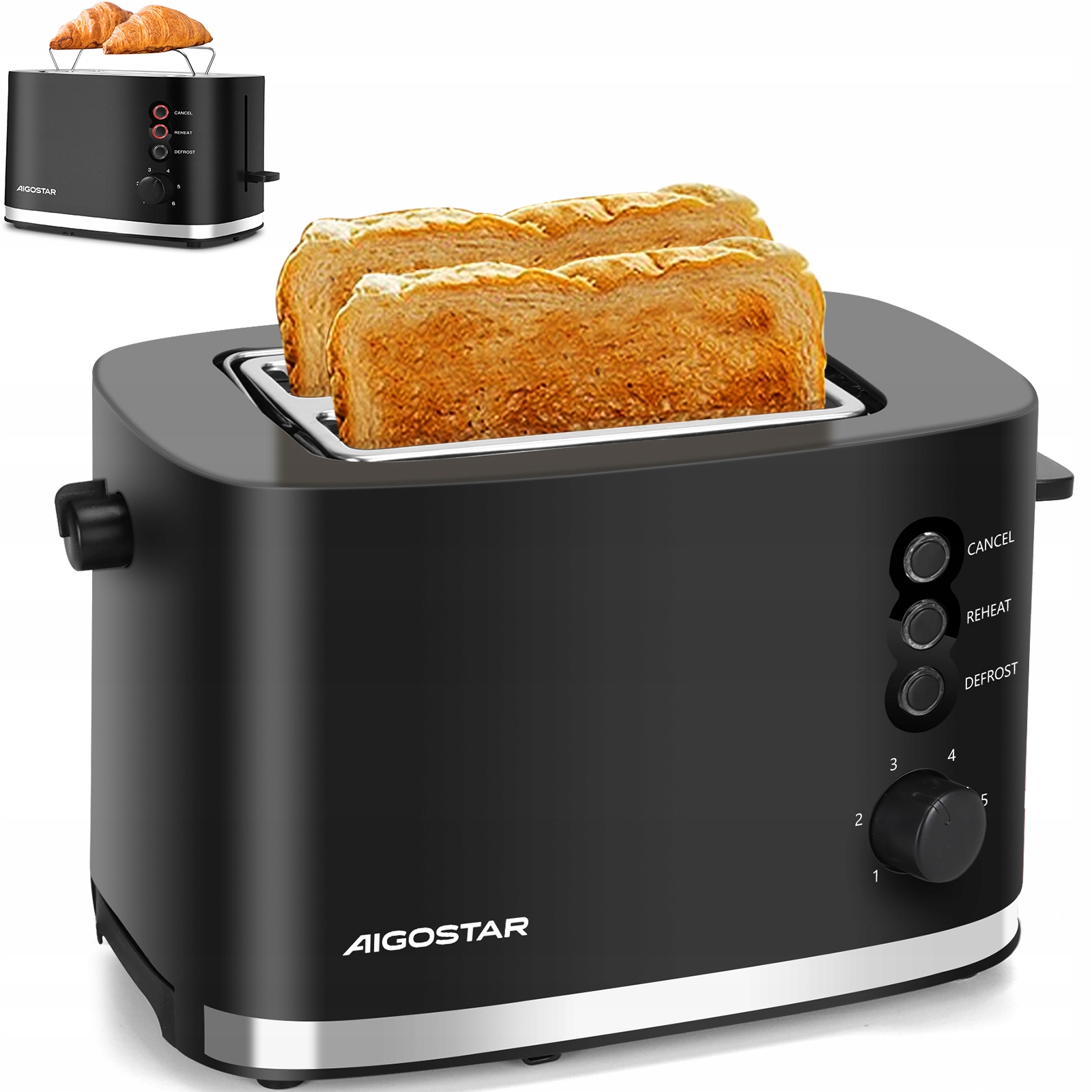 Toster Opiekacz do Tostów Aigostar Energy Czarny 800W Rozmrażanie 6 Stopni