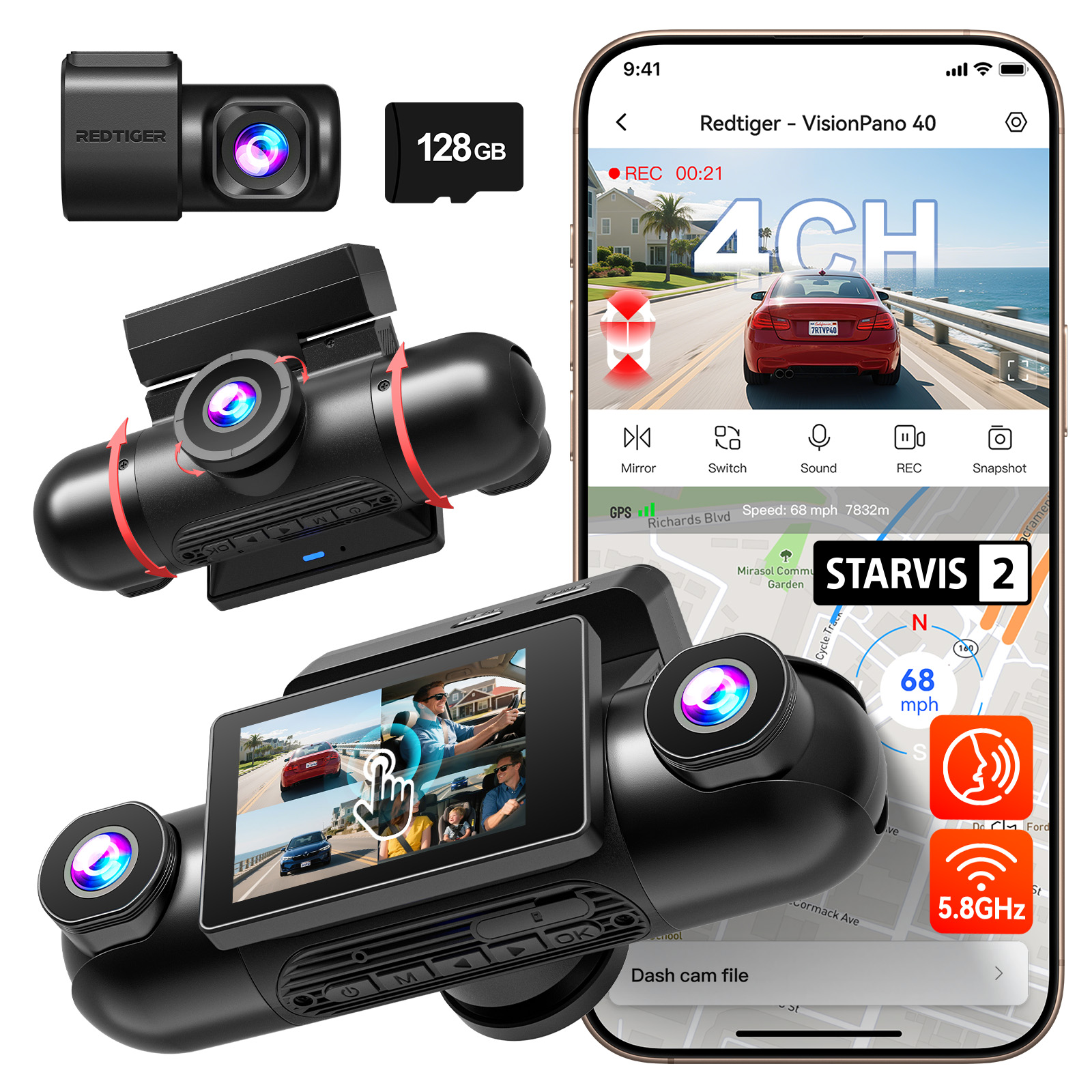4-kanálová palubná kamera s 360° zobrazením Redtiger VP40, STARVIS2, nočné videnie, 128 Gb
