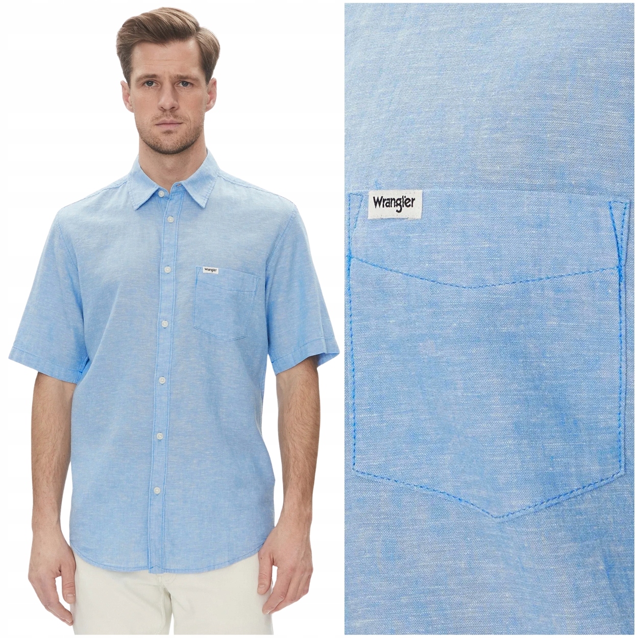 Wrangler 1 Pkt Shirt modrá lněná bavlněná košile s krátkým rukávem, velikost XL