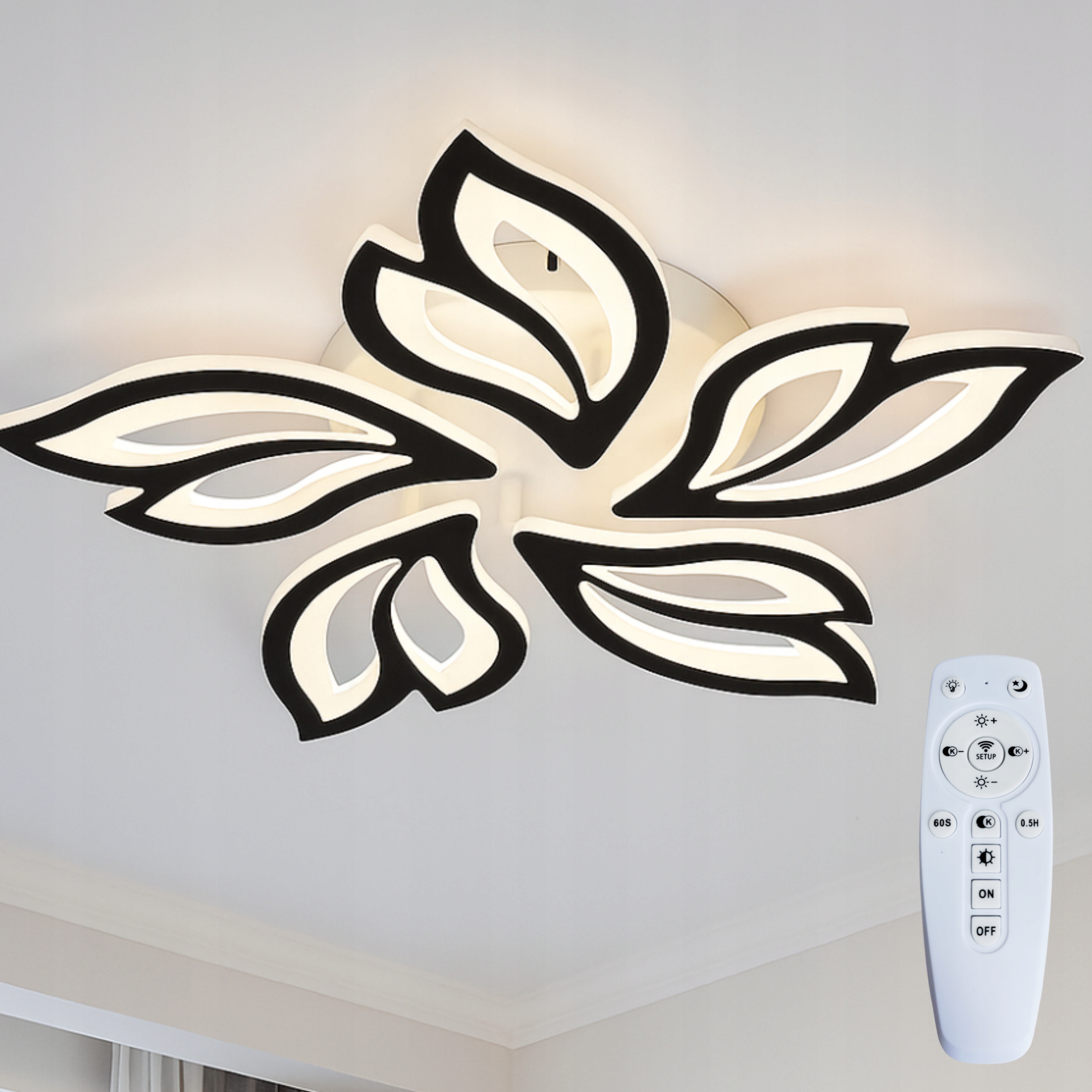 Závesná lampa, luster Stropné Svietidlo Led kvet, čierna, moderná, Diaľkový Ovládač , do obývačky