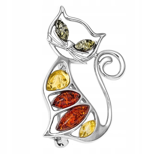 Stříbrná Barevná Brož kočka s přírodním JANTARem stříbro AG925 jako Dárek