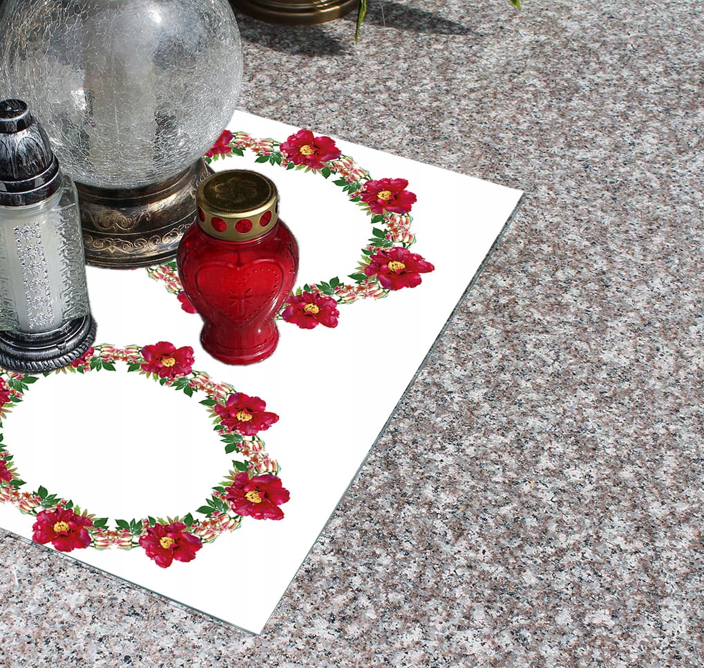 Podstawka pod ZNICZ szyba HARTOWANA na POMNIK CMENTARZ wzór Wianek 90x52cm Szerokość produktu 90 cm