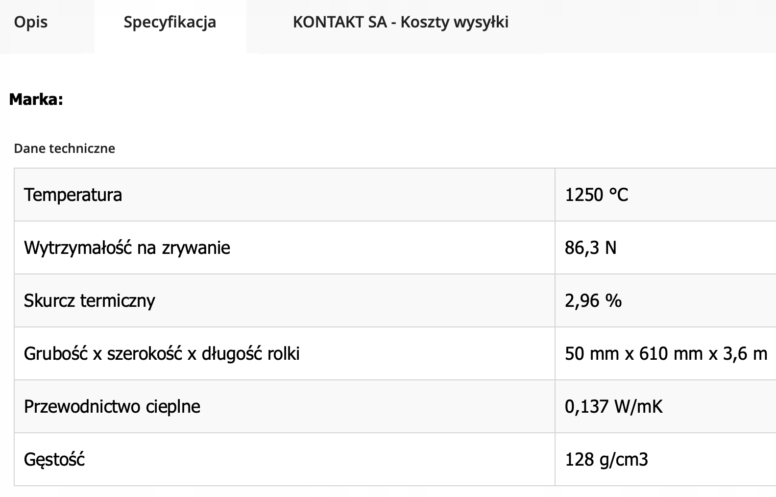 Mata termoizolacyjna HT1200 płyta ceramiczna 50mm x 610mm x 3620mm [2,2m2] Marka KONTAKT SA
