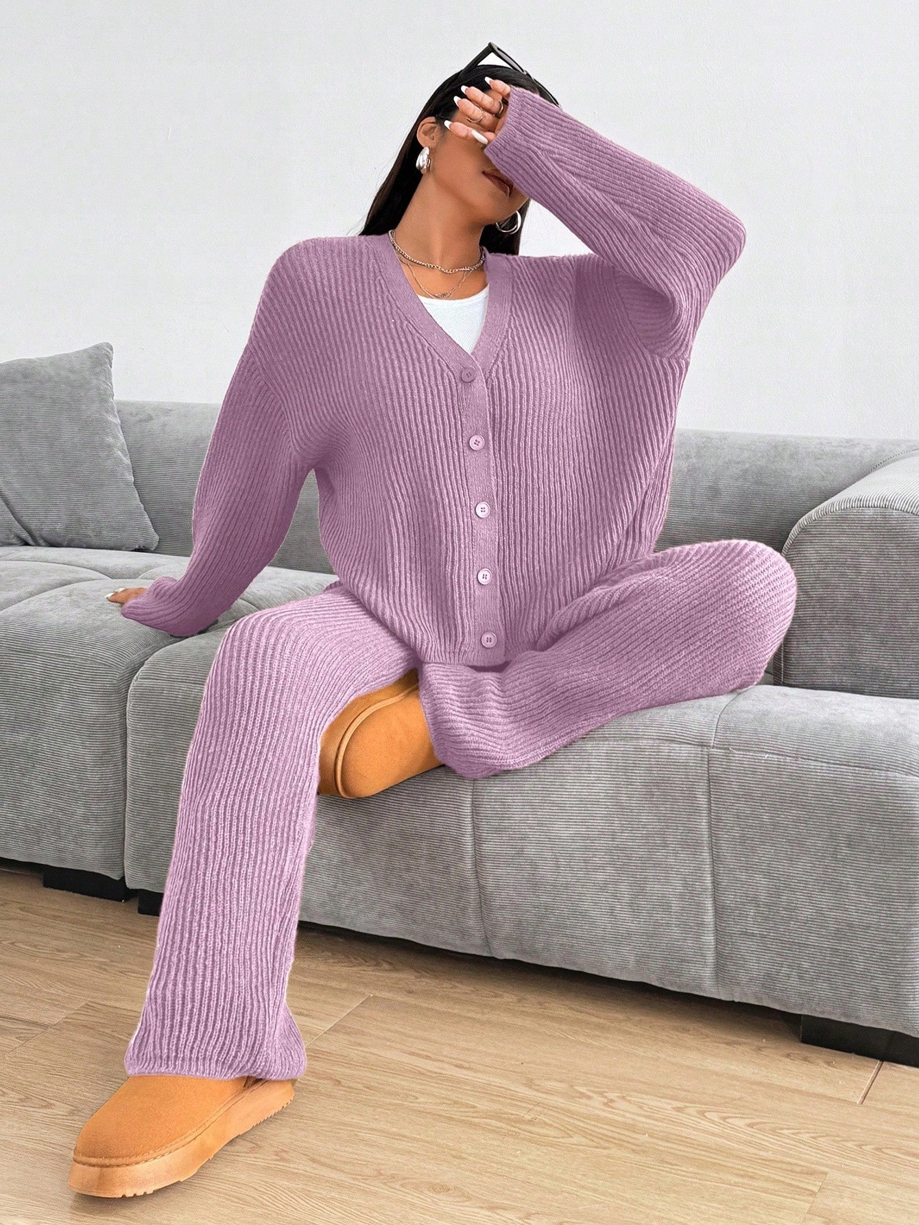 Pletený Komplet Fialový Casual Kardigan Kalhoty Shein XL 42