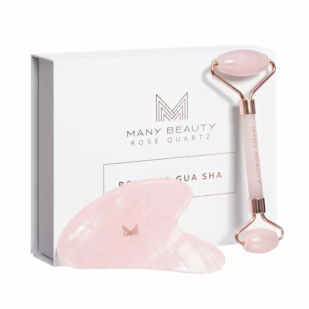 Křemenný roller sada s gua sha destičkou pro masáž obličeje