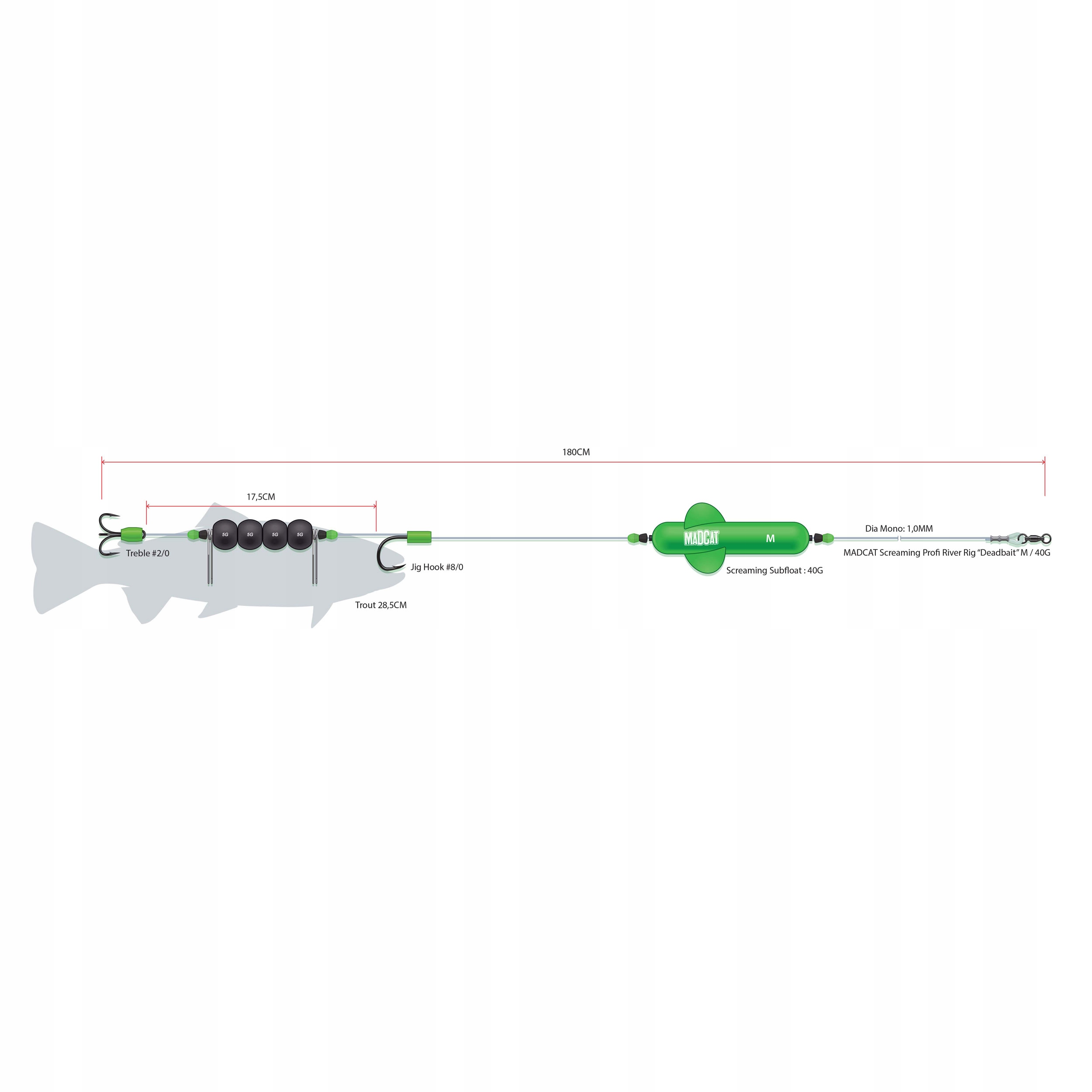 Zestaw sumowy MadCat podwodny spławik 45kg haki 1x2/0+1x8/0
