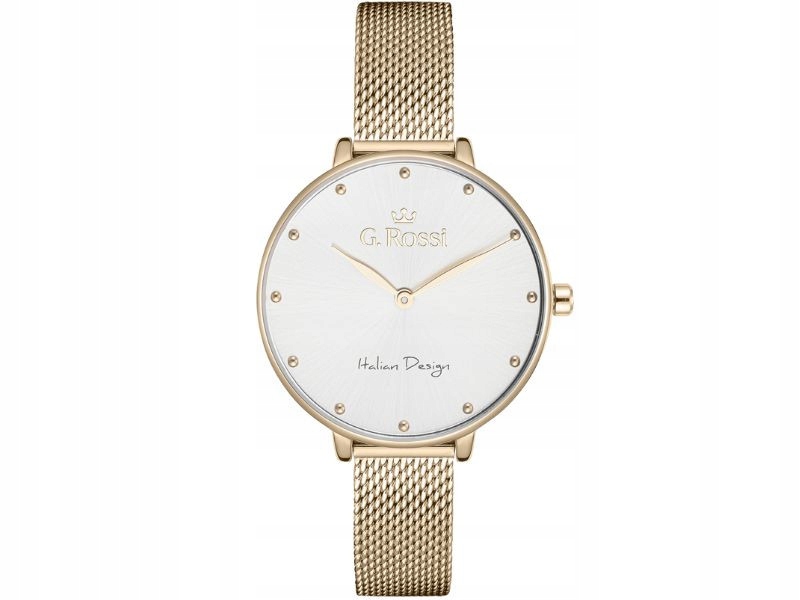 Dámské hodinky s mesh náramkem a velkým bílým ciferníkem se zlatými kuličkami