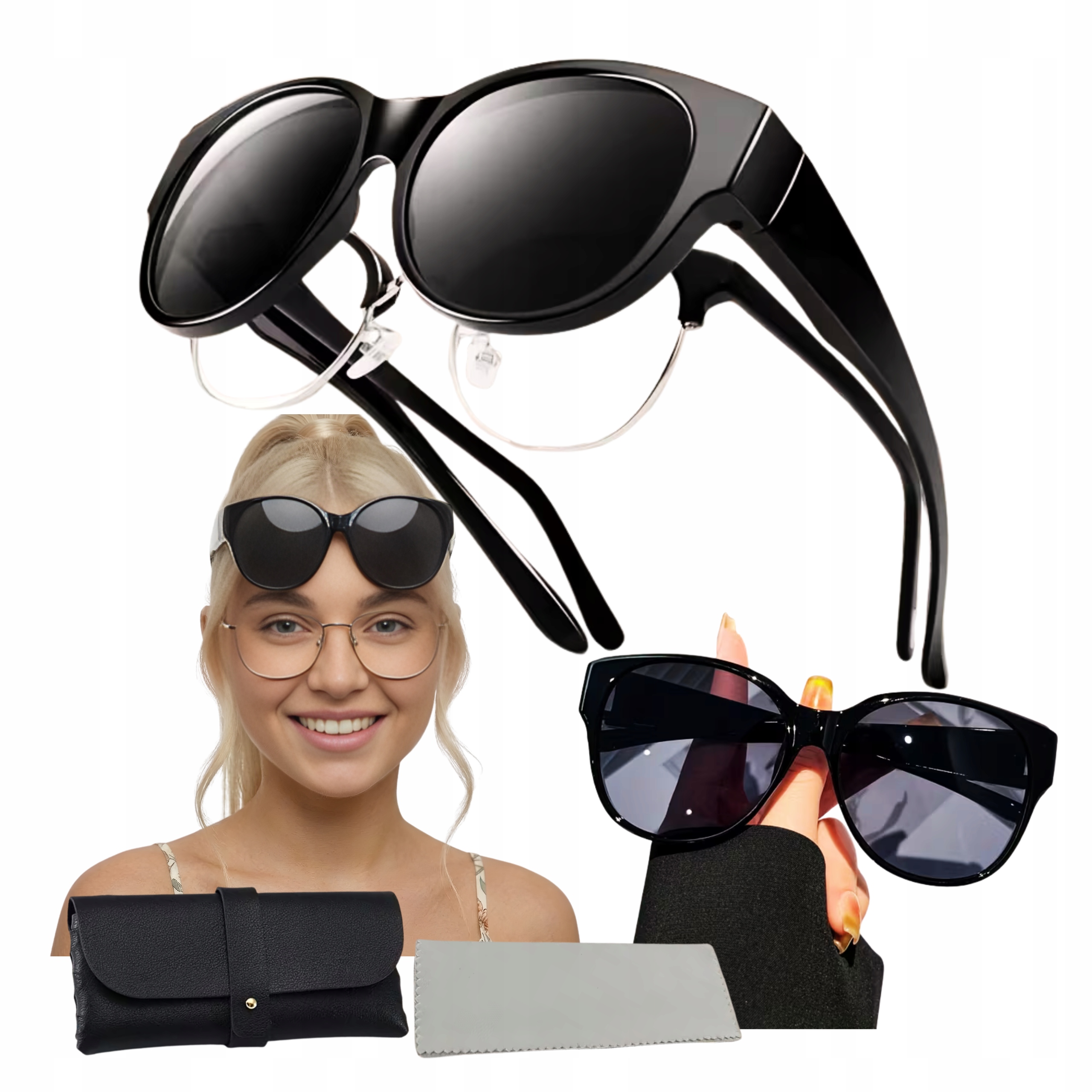 NAKŁADKI OKULARY PRZECIWSŁONECZNE UV400 NA KOREKCYJNE DAMSKIE ETUI ZESTAW