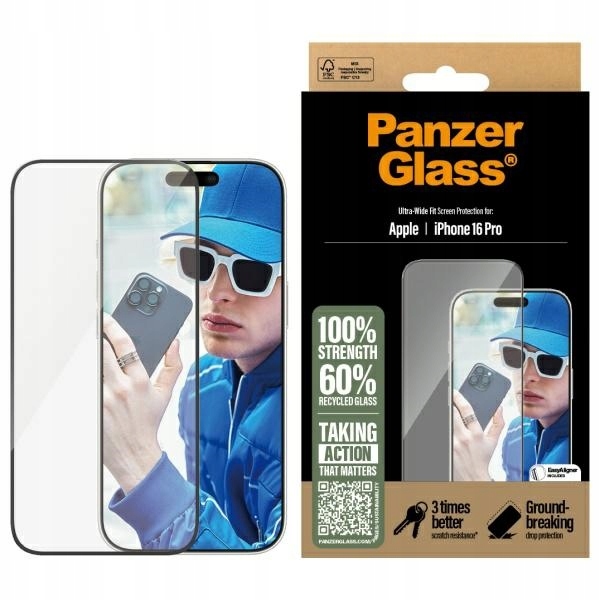Sklo Panzerglass pro iPhone 16 Pro, tvrzené, 9H, silné na přední displej
