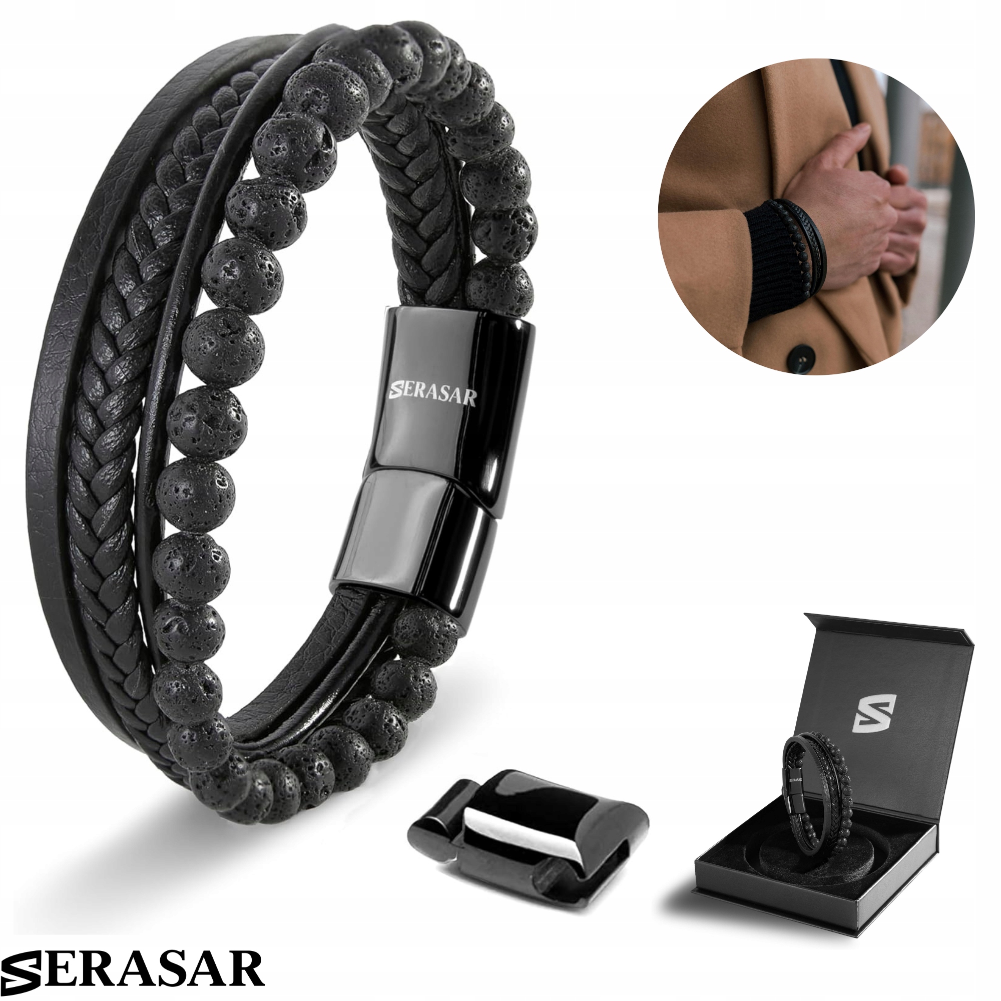 Serasar, Kožený náramek [Kámen] pro muže, včetně dárkové krabičky, černý, 20 cm