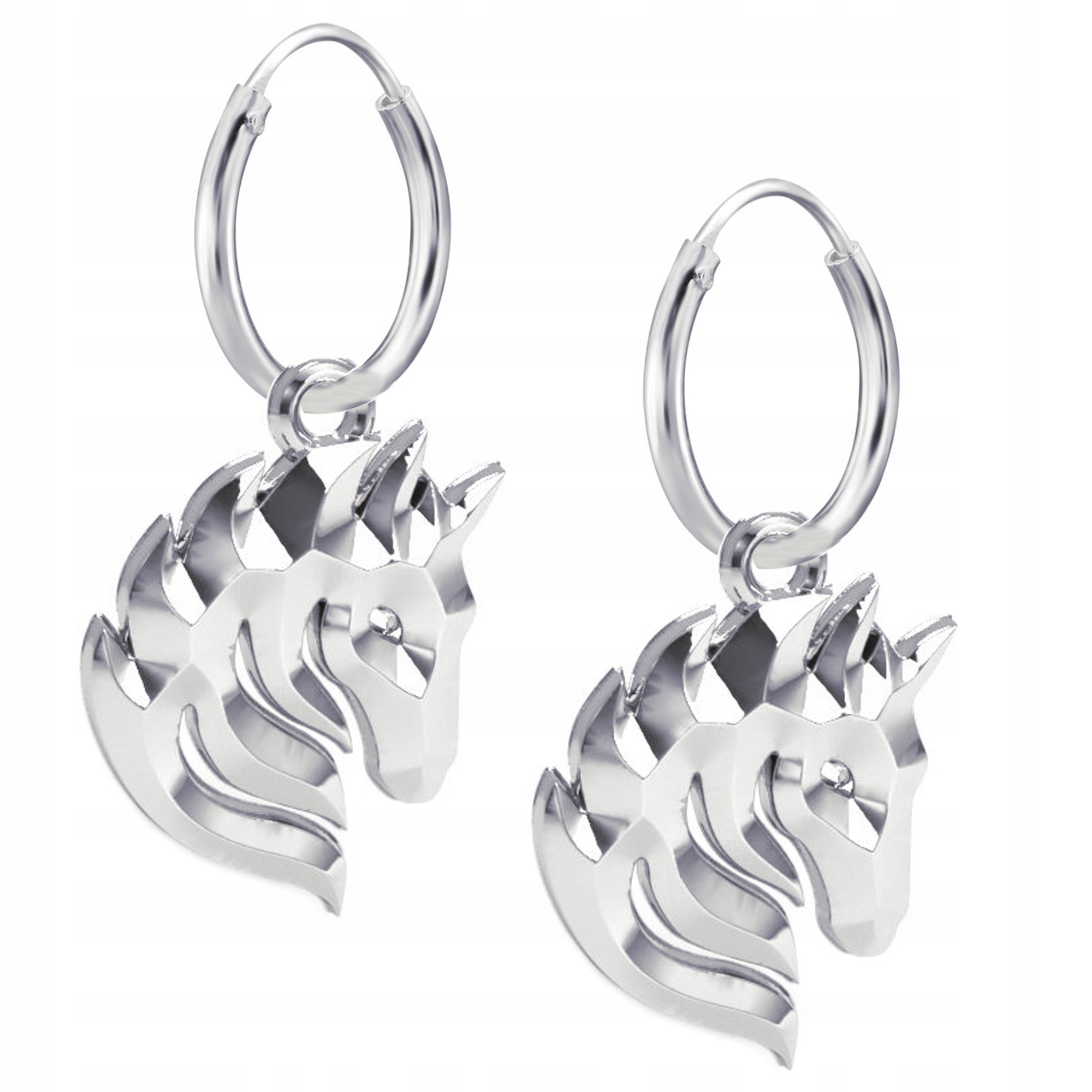 Stříbrné náušnice Malé kruhy Kůň Velká hlava koně Stříbro ryzost 925