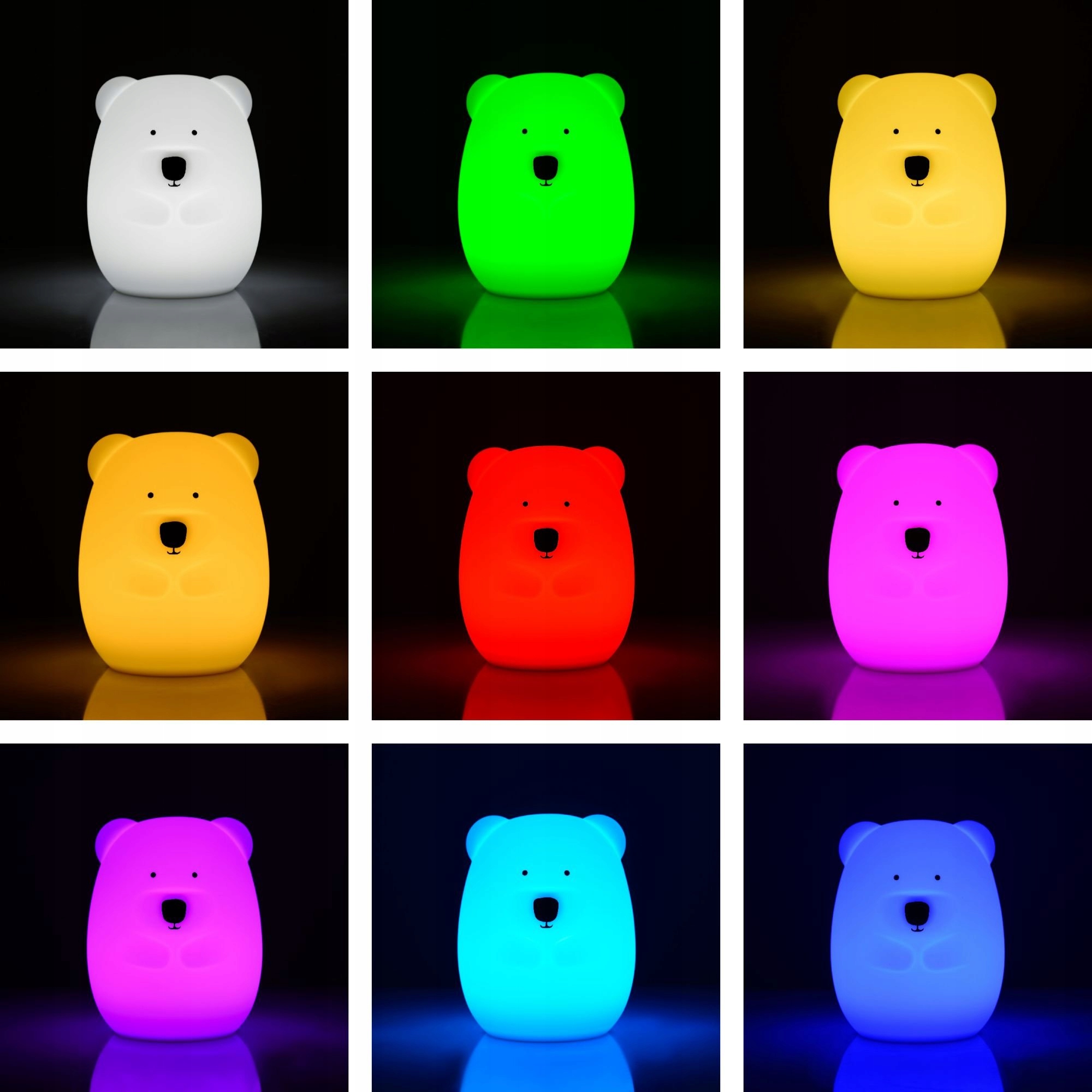 Silikoninė naktinė lemputė vaikams, meškiukas, RGB LED, USB XXL, su nuotolinio valdymo pultu, dominuojanti spalva balta