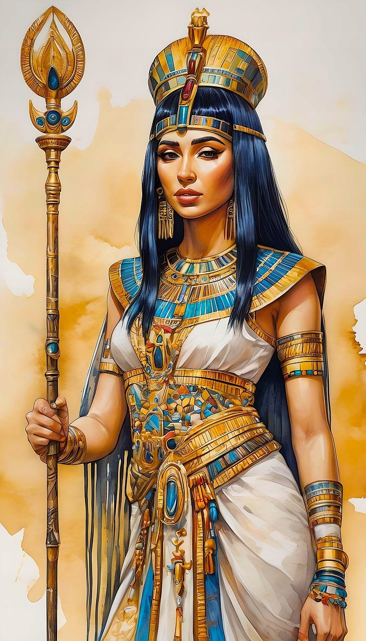 Diamantová výšivka Kleopatra Portrét ženy Egypt Hieroglyfy Čtverce 40x80 cm