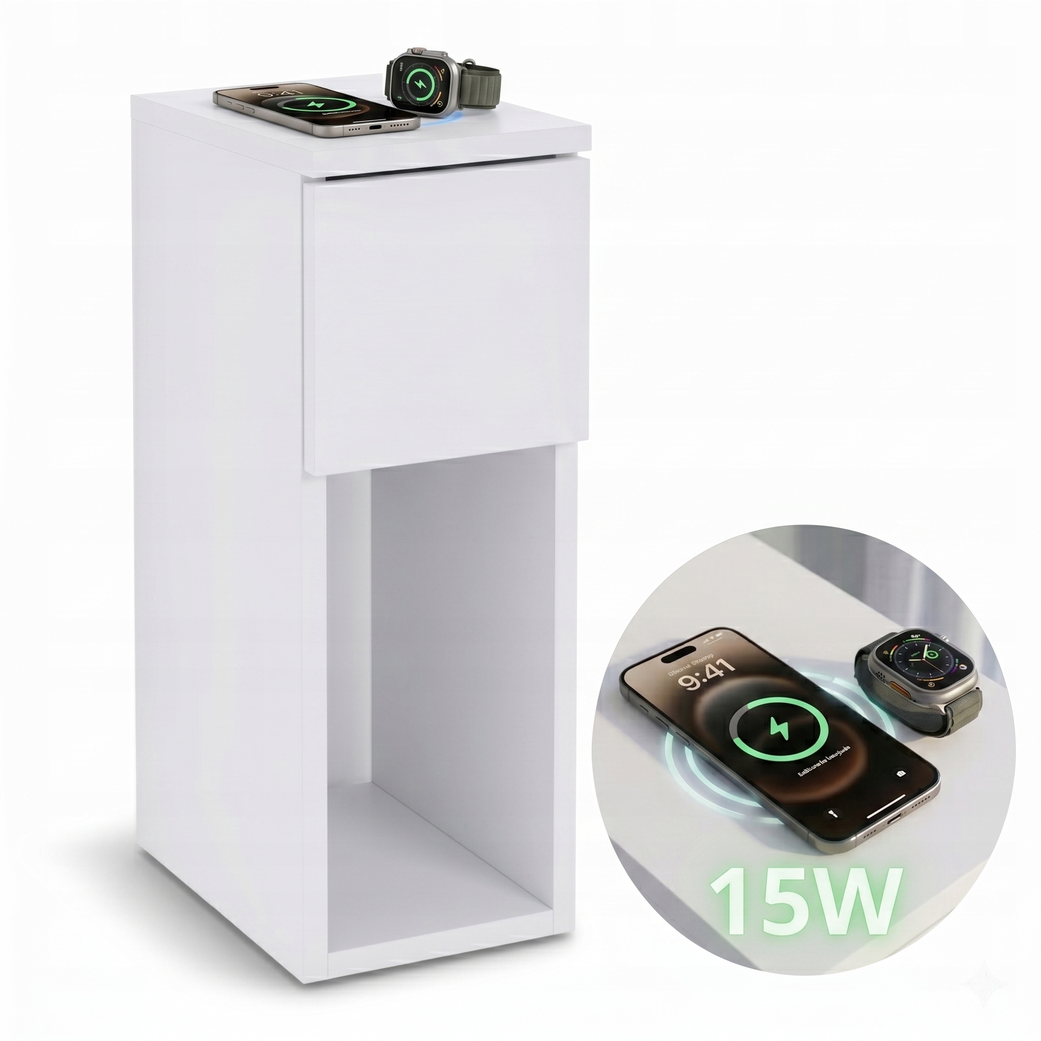Moderní Noční stolek Bílý 20 cm Úzký s zásuvkou Smart Indukce 15 W