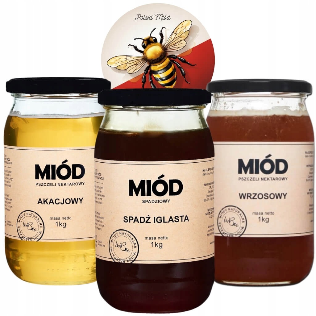 Zestaw miodow 3x 1kg Akacjowy, Spadziowy, Wrzosowy