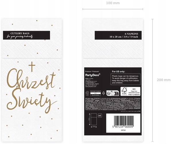 SERWETKI KIESZONKA NA SZTUĆCE BIAŁE ZE ZŁOTYM NAPISEM CHRZEST ŚWIĘTY 6 SZT Szerokość produktu 10 cm