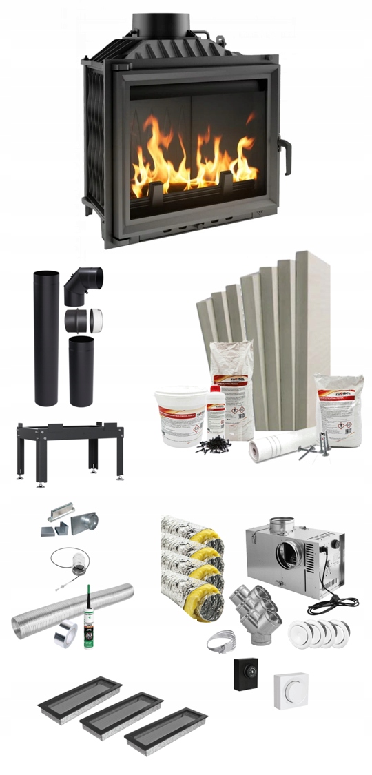 Wkład kominkowy kominek ANTEK żeliwny 10 kW ZESTAW Z DGP Turbina rury Szerokość 600 mm