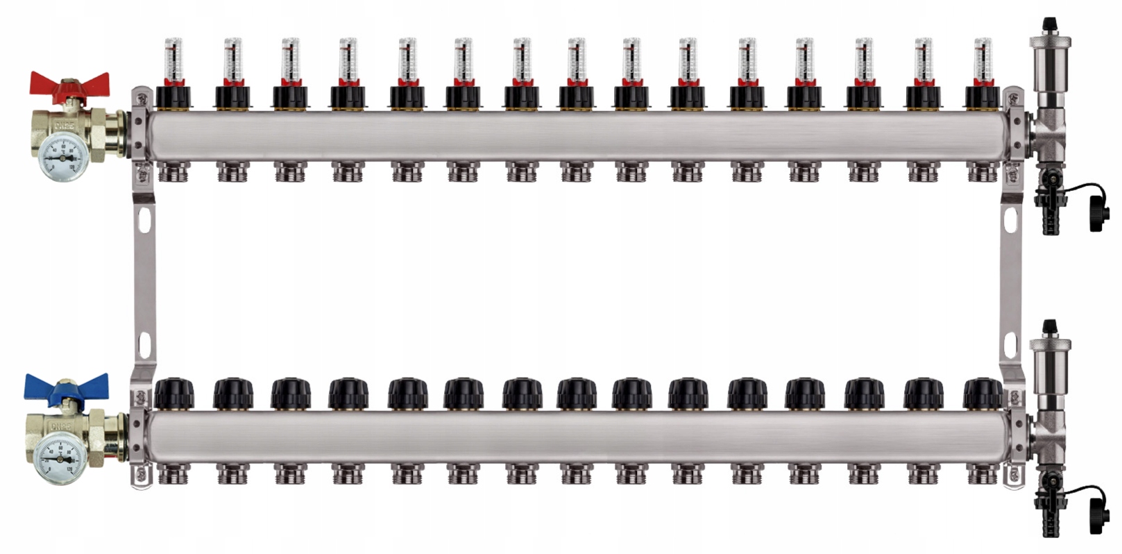 Rozdělovač Pro Podlahovou Krytinu 15 Nerezových Okruhů Jednoduchý Ventil Teploměr