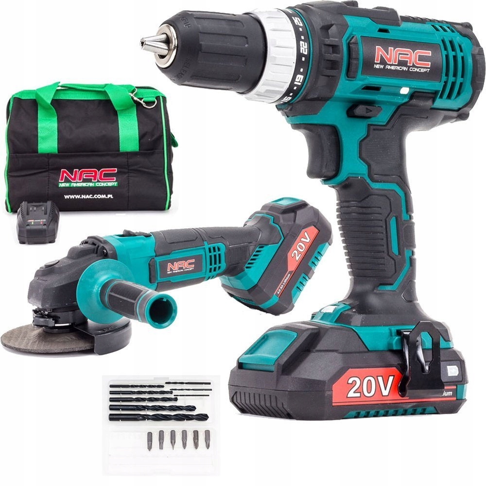 Wiertarko Wkrętarka Akumulatorowa Nac 20V+ Szlifierka Kątowa +2x Aku Zestaw