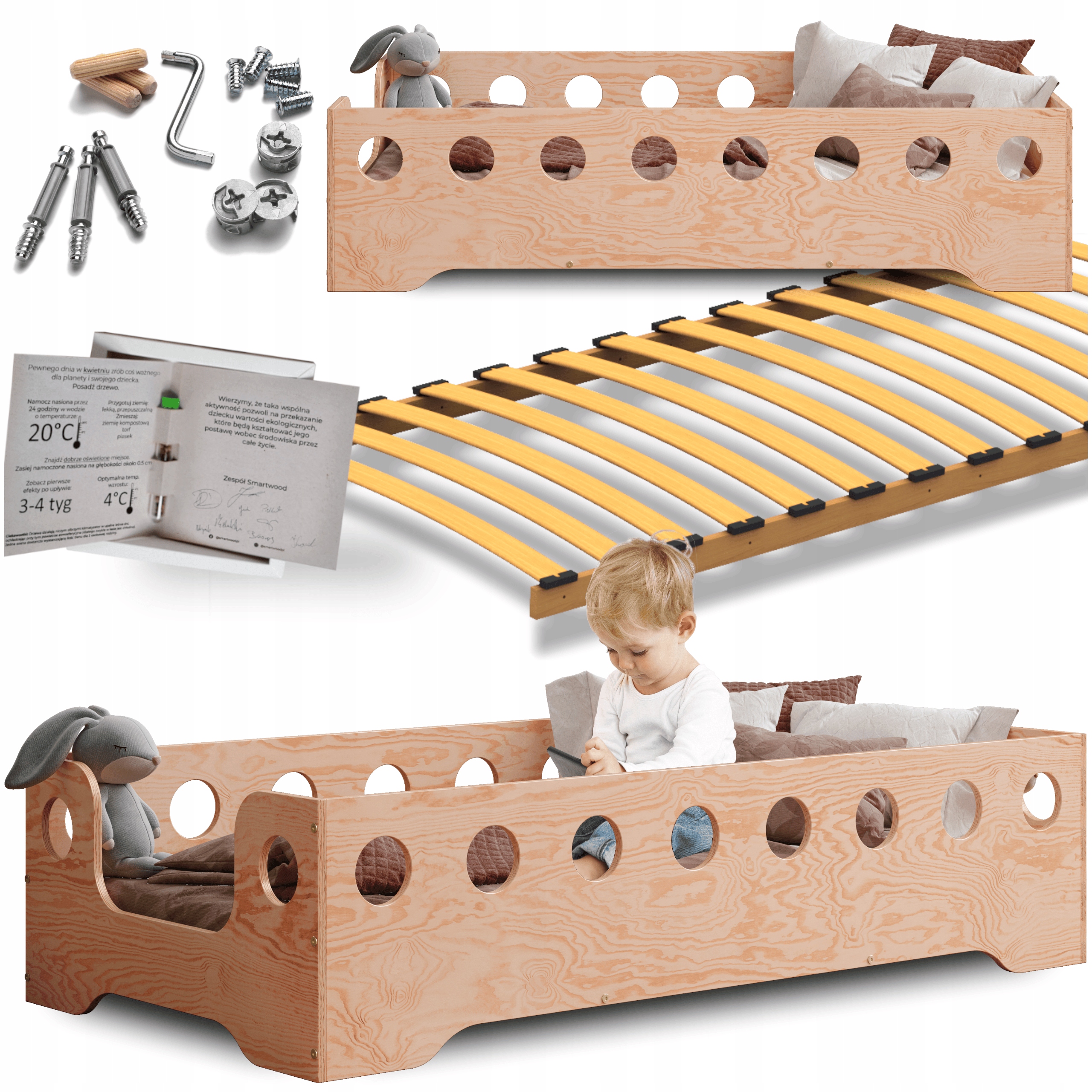 Łóżko Dziecięce Pojedyncze Tila 4B 160x80 Drewniane Naturalne z Stelażem