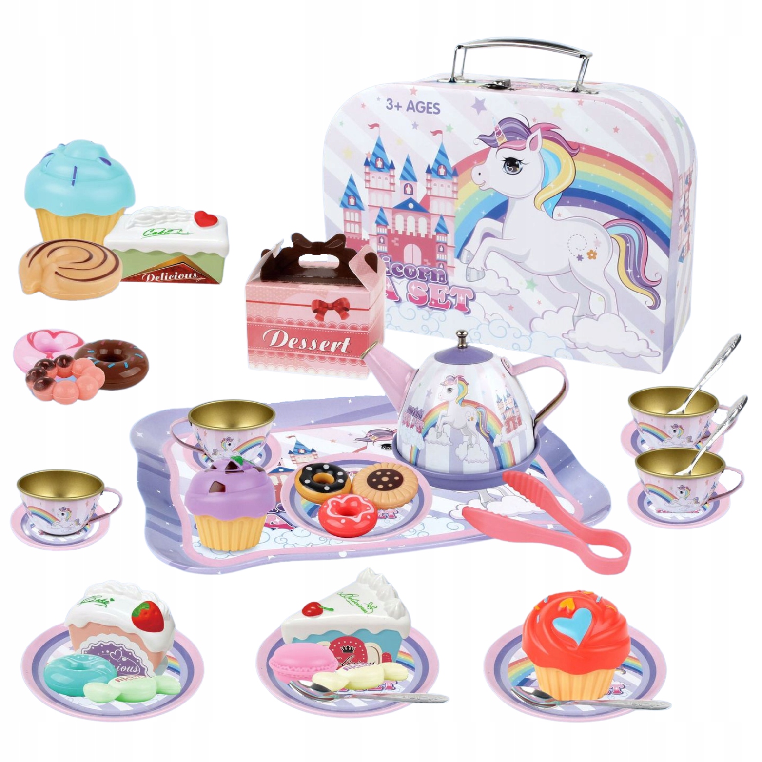 ZESTAW DO HERBATY dla dziecka KAWOWY METALOWY W WALIZCE FILIŻANKI MUFFINKI