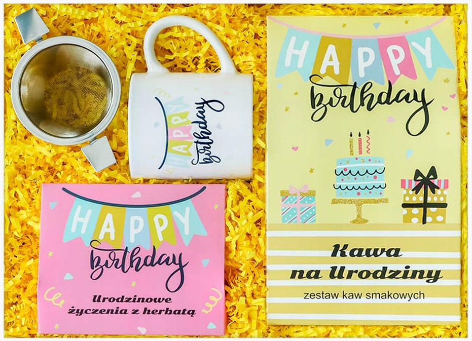 Urodzinowy Zestaw Prezentowy Kawy Smakowe Herbaty Sypane Kubek Zaparzacz