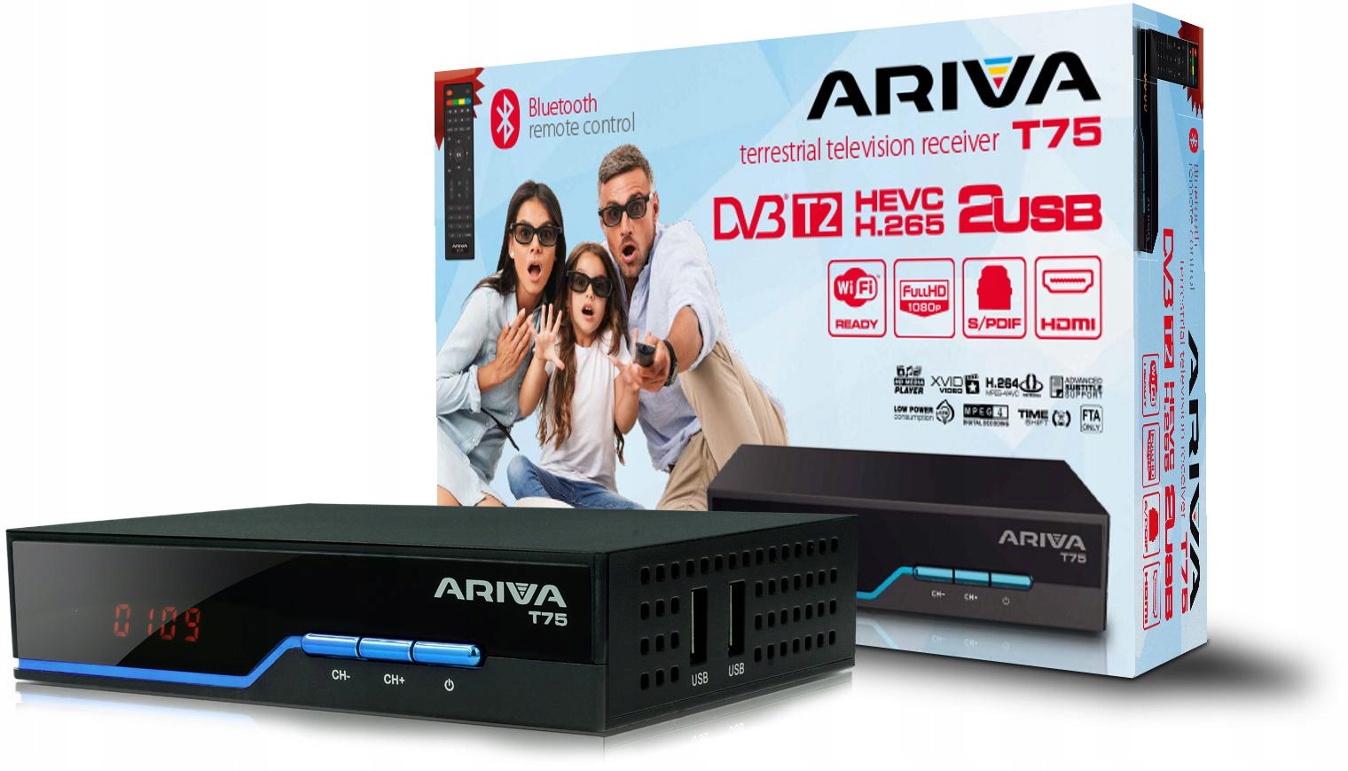 Tuner odbiornik DVB-T2 Ferguson Ariva T75 H.265 Standard kodowania H.264 (MPEG-4 AVC) H.265/HEVC MPEG-2 MPEG-4