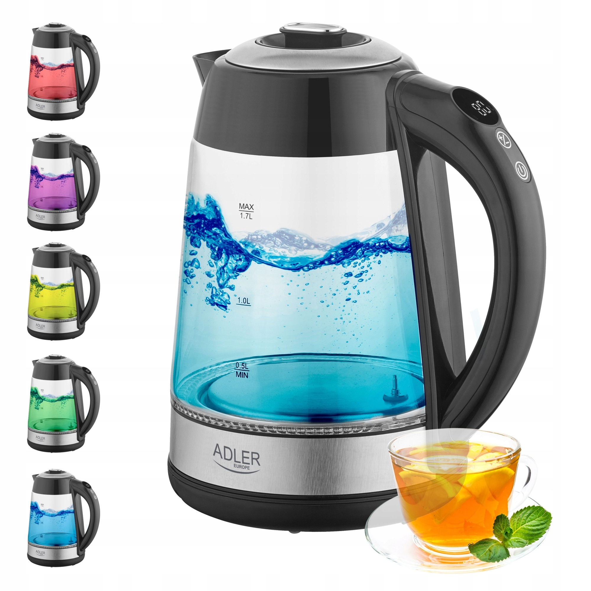 Bezdrôtová sklenená rýchlovarná kanvica 1,7 l 2200 W s reguláciou teploty