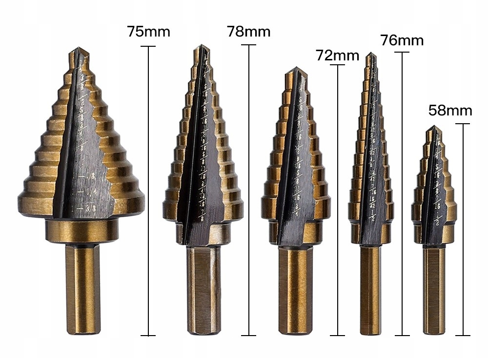 ZESTAW WIERTŁA STOPNIOWE HSS STOŻKOWE CHOINKOWE 5SZT TYTAN DO METALU + ETUI Kod producenta 006002