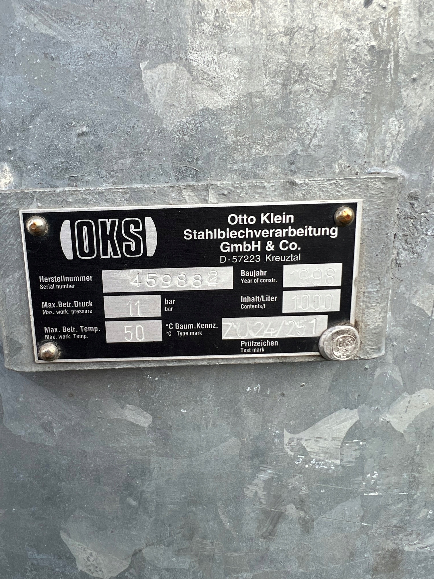 Zbiornik sprężonego powietrza, pneumatyczny ocynk, 1000l 11bar Marka OKS