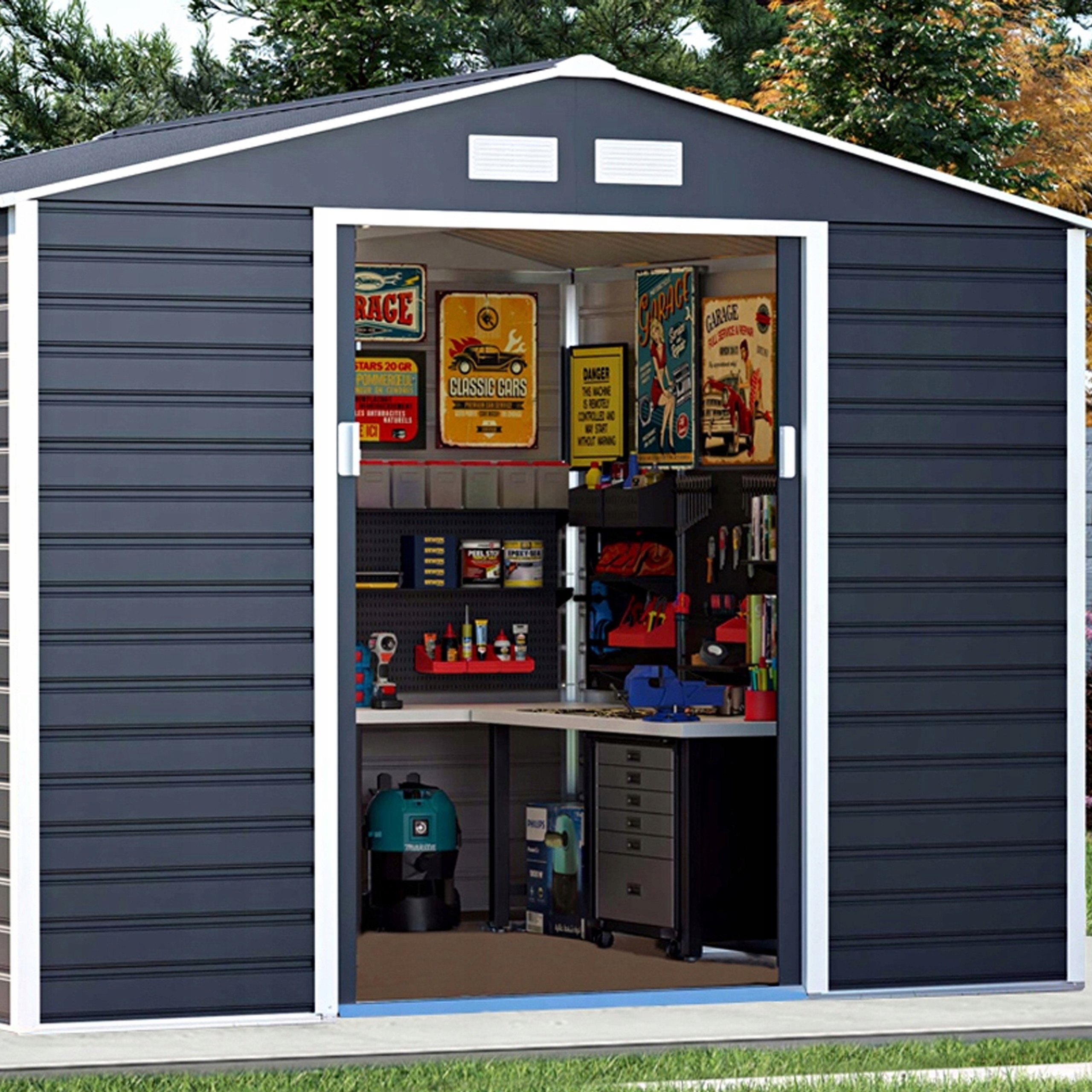 Domek ogrodowy HardMaister stalowy 277x195 cm z okiennicami