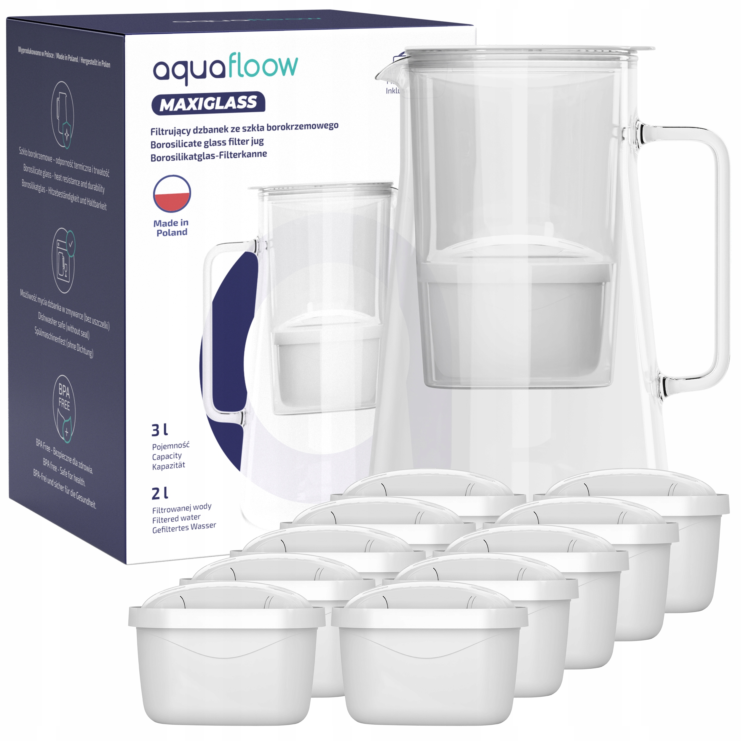 Dzbanek filtrujący szklany AquaFloow MaxiGlass 3l biały 11x filtr Maxi
