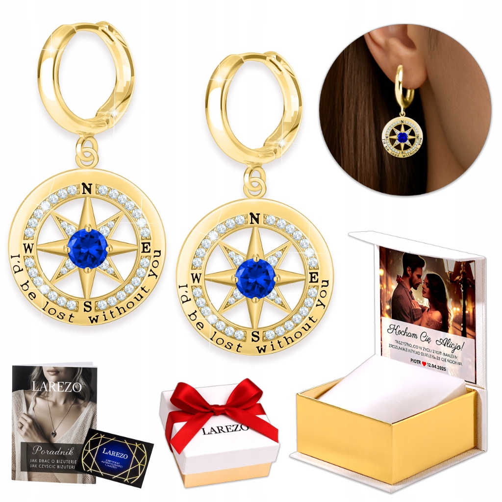 Zlaté Náušnice 925 s kompasem a modrým očkem, kroužky s modrým Zirkony