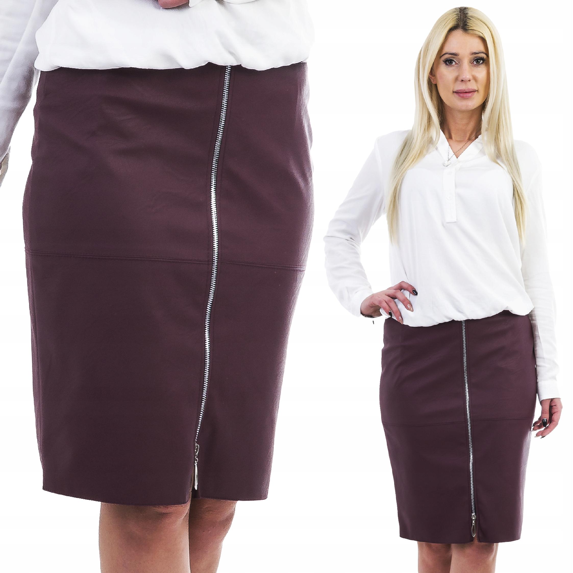 

D422 Spódnica Eko Skóra Zamek MIDI Bordo r. 42