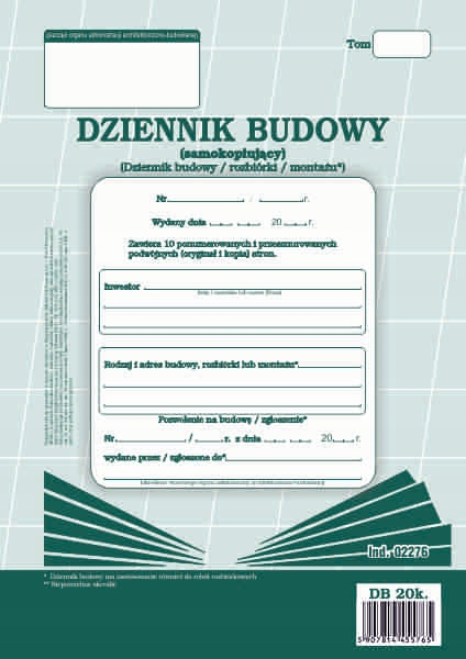 

Dziennik budowy samokopiujący druk 1+1 x10 20 kart