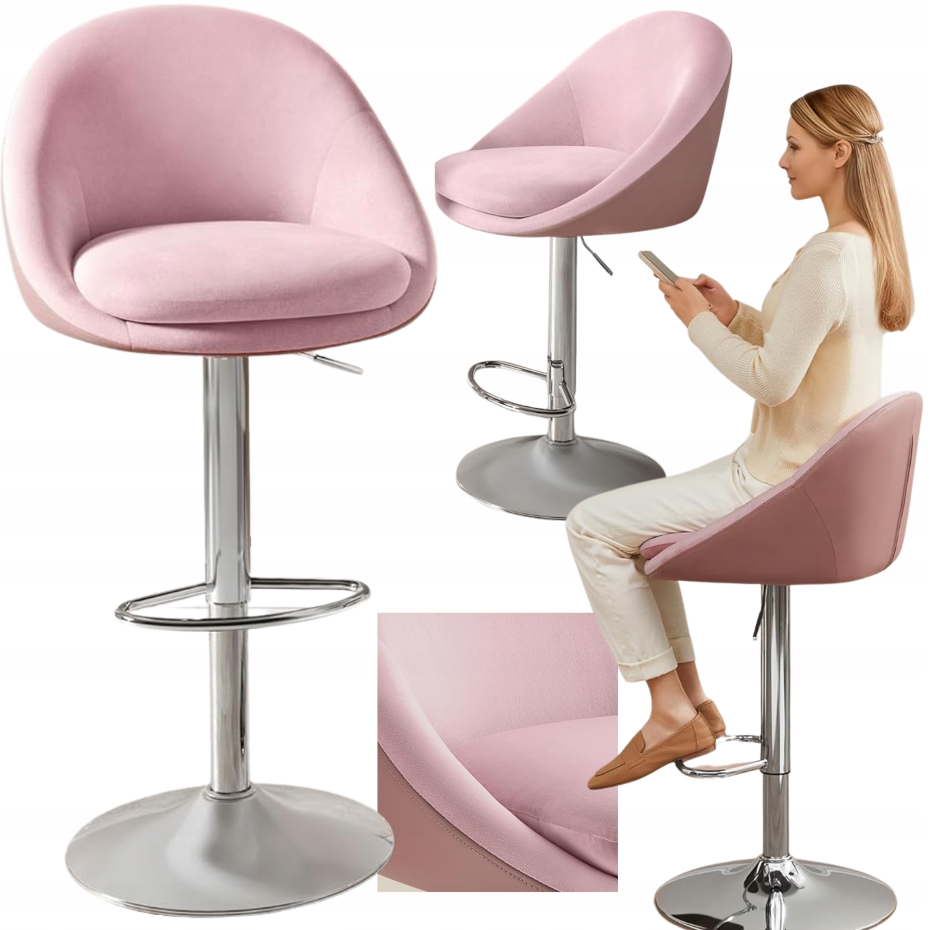 Otočná stolička s operadlom, ružová, nastaviteľná výška 60-81, sada 2