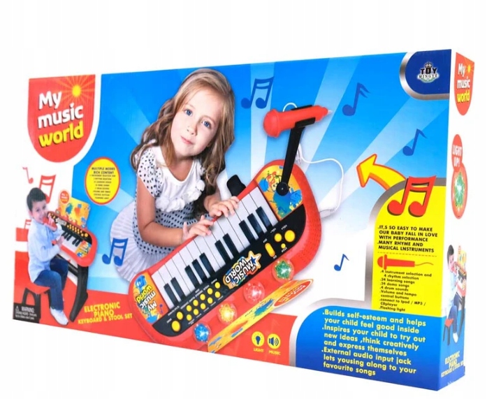 

Elektroniczne pianinko z mikrofonem i stołkiem
