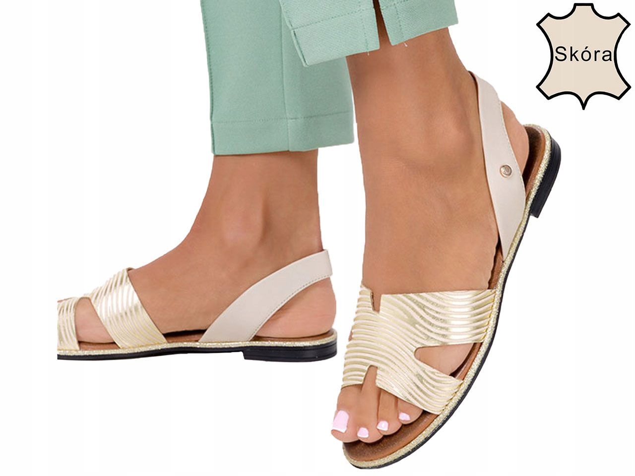 

Sandały Błyszczące Płaskie Polska Skóra Wygodne 37